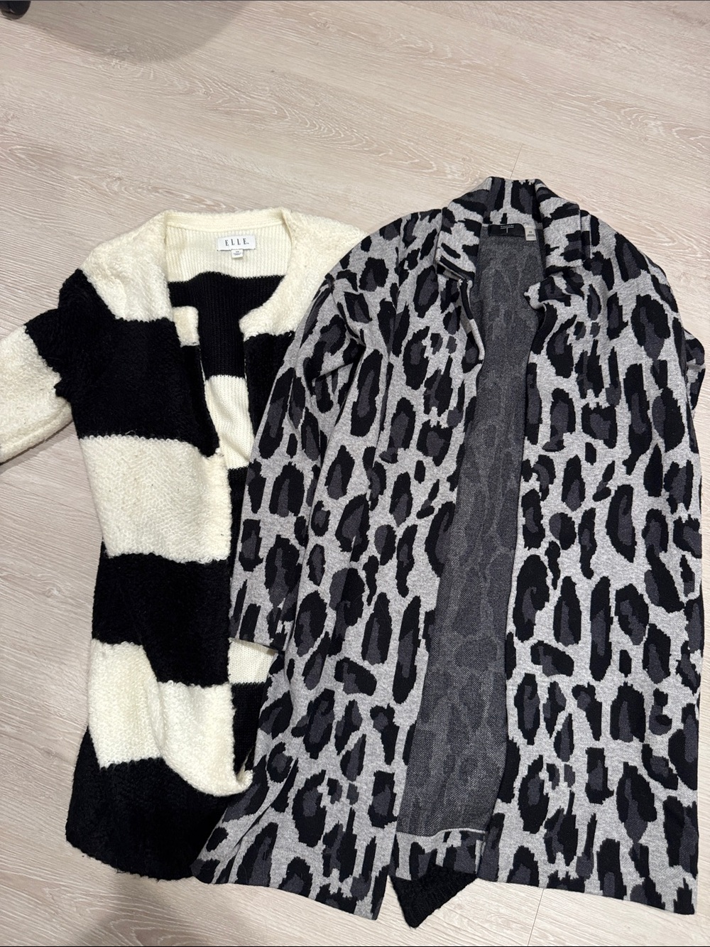 Elle Black & White Striped Teddy Cardigan and Gray Leopard Open-Front Jacket Set